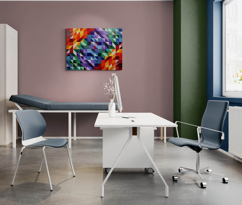 W.C. a geometric abstract painting full of colour and distorted symmetry.