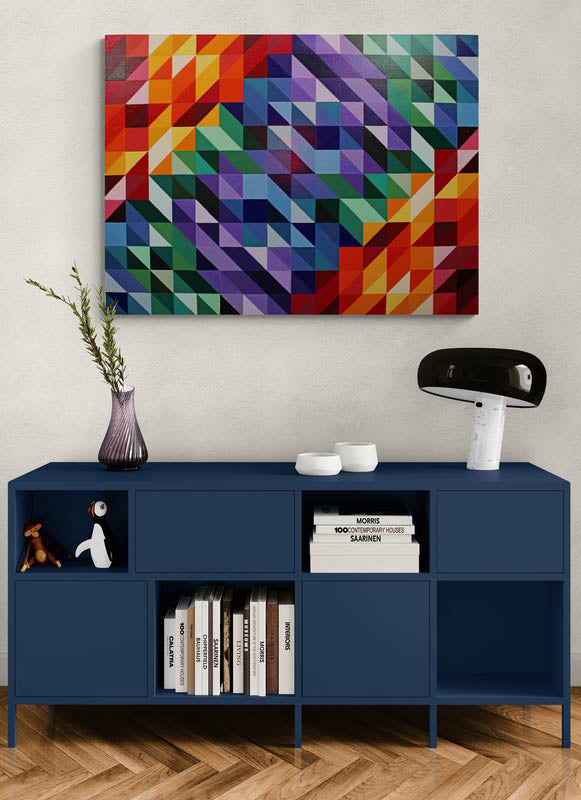 W.C. a geometric abstract painting full of colour and distorted symmetry.