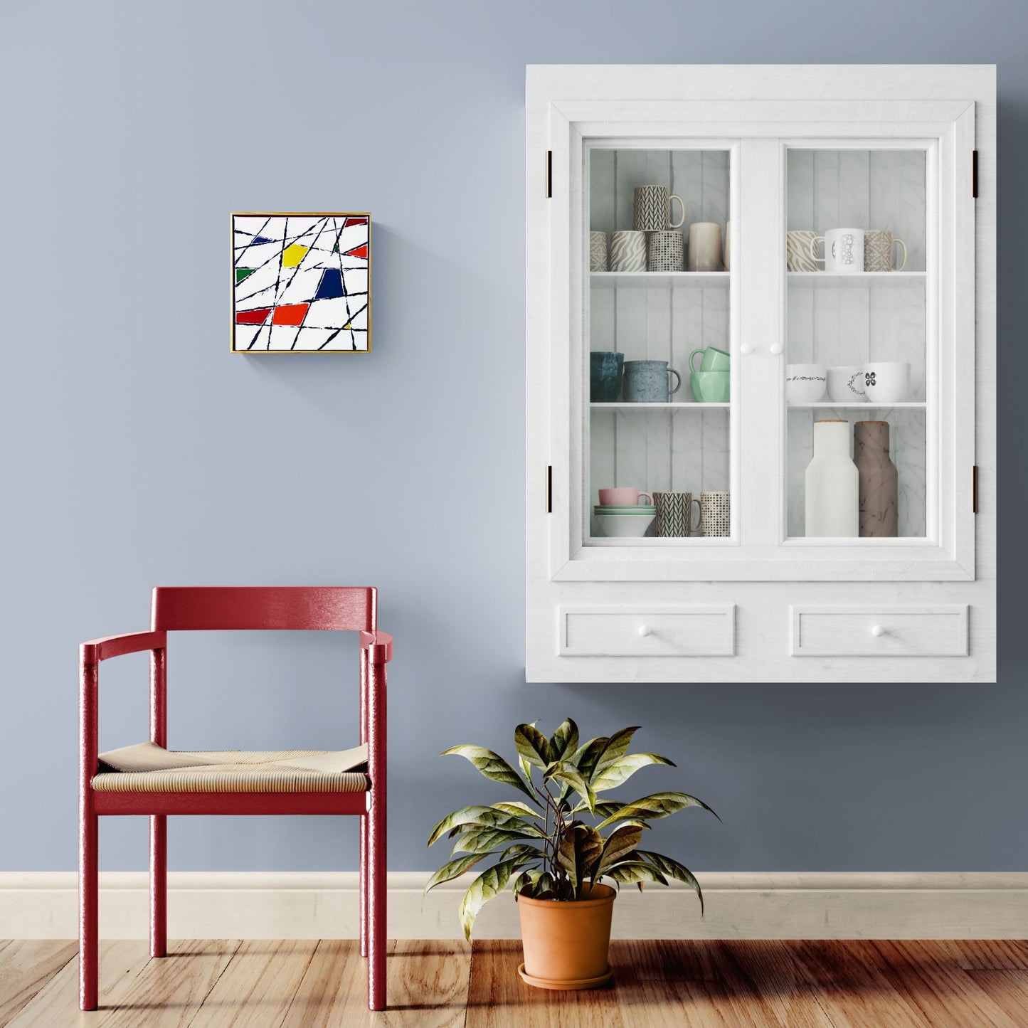 STRING THEORY 1 a geometric abstract with pops of primary colour.