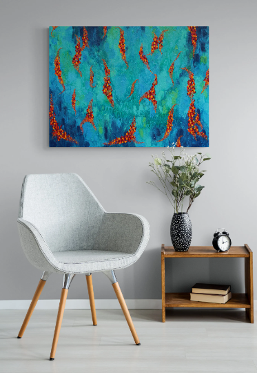 FLOAT strings of warm coloured leaves float across a stream of cool blues and greens.