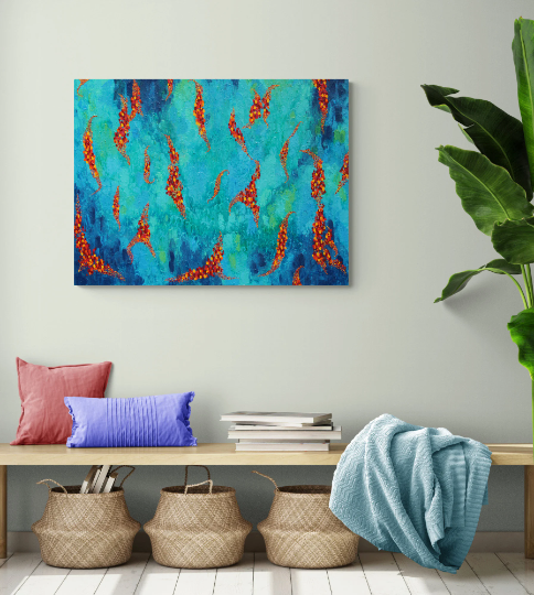 FLOAT strings of warm coloured leaves float across a stream of cool blues and greens.