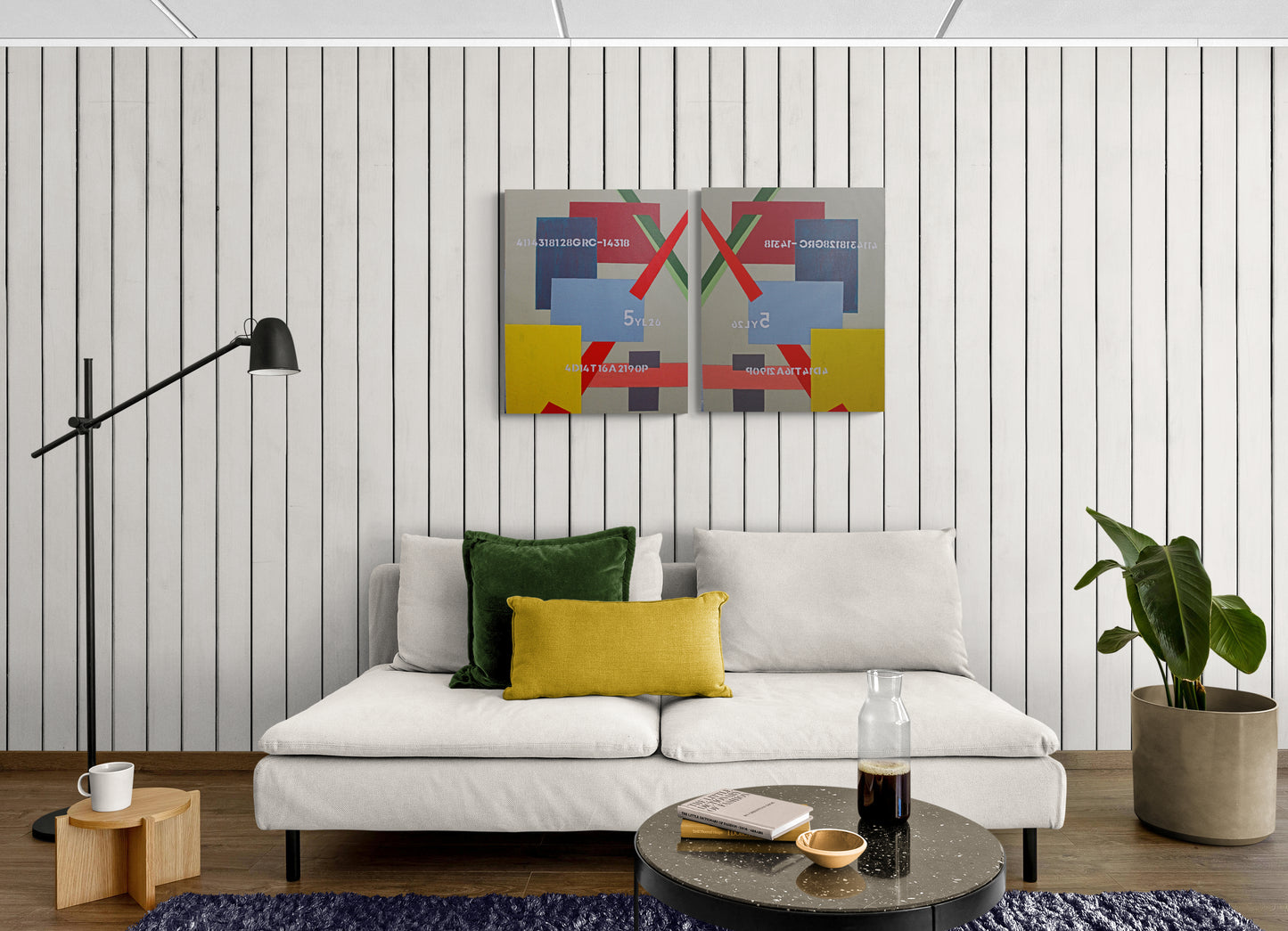 FATE a diptych abstract painting, strong lines and bold form.