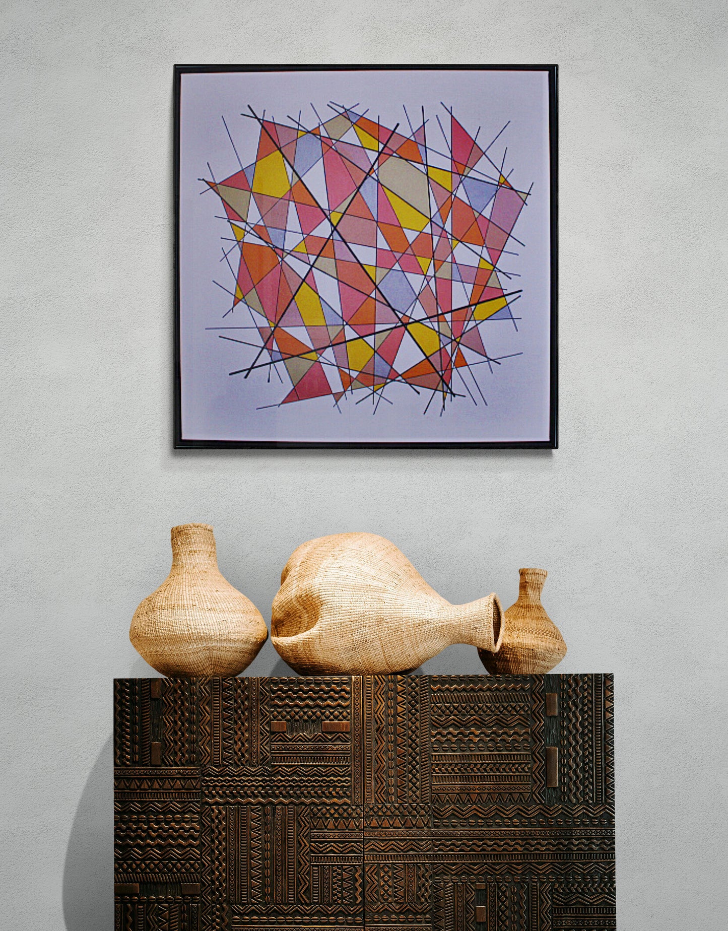 TARNISH 2 Dean Crozier’s geometric abstract artwork with bold linework and reflective metallic surfaces that shift with the light, echoing the fading role of tangible money in a digital‑first world.