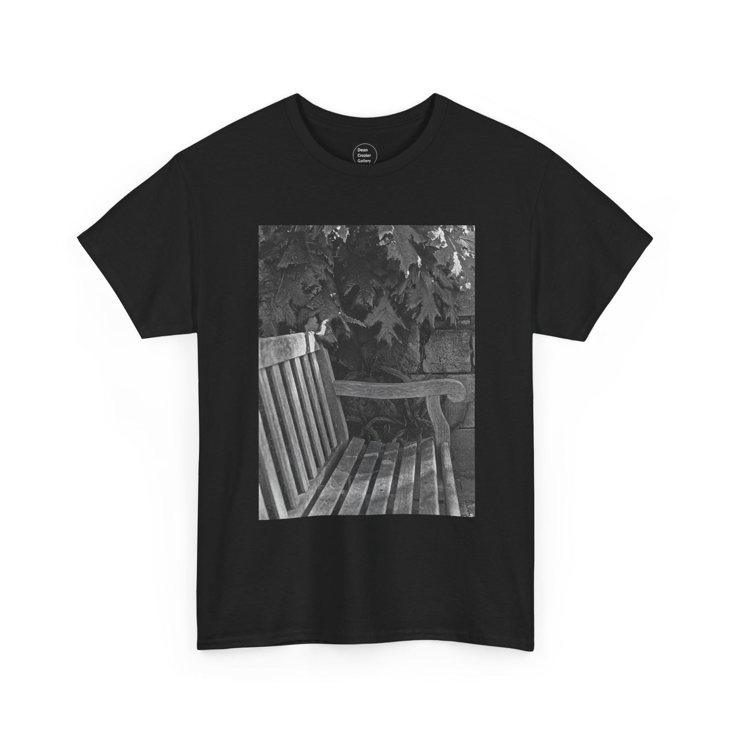 BENCH a photograph by Dean Crozier suggests a moment of calm and an invite to slow down with its image of a shady park bench on this great art T-shirt.