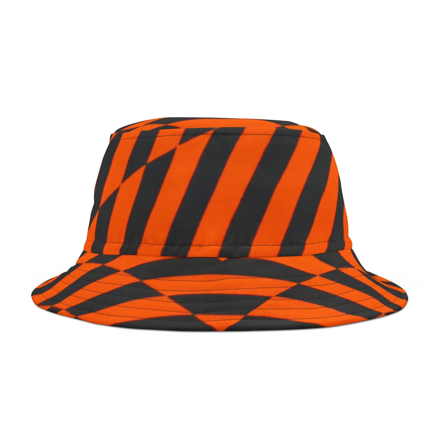 OPTICS 1 Bucket Hat — a bold Geometric design of orange and blue stripes. Streetwear by artist Dean Crozier