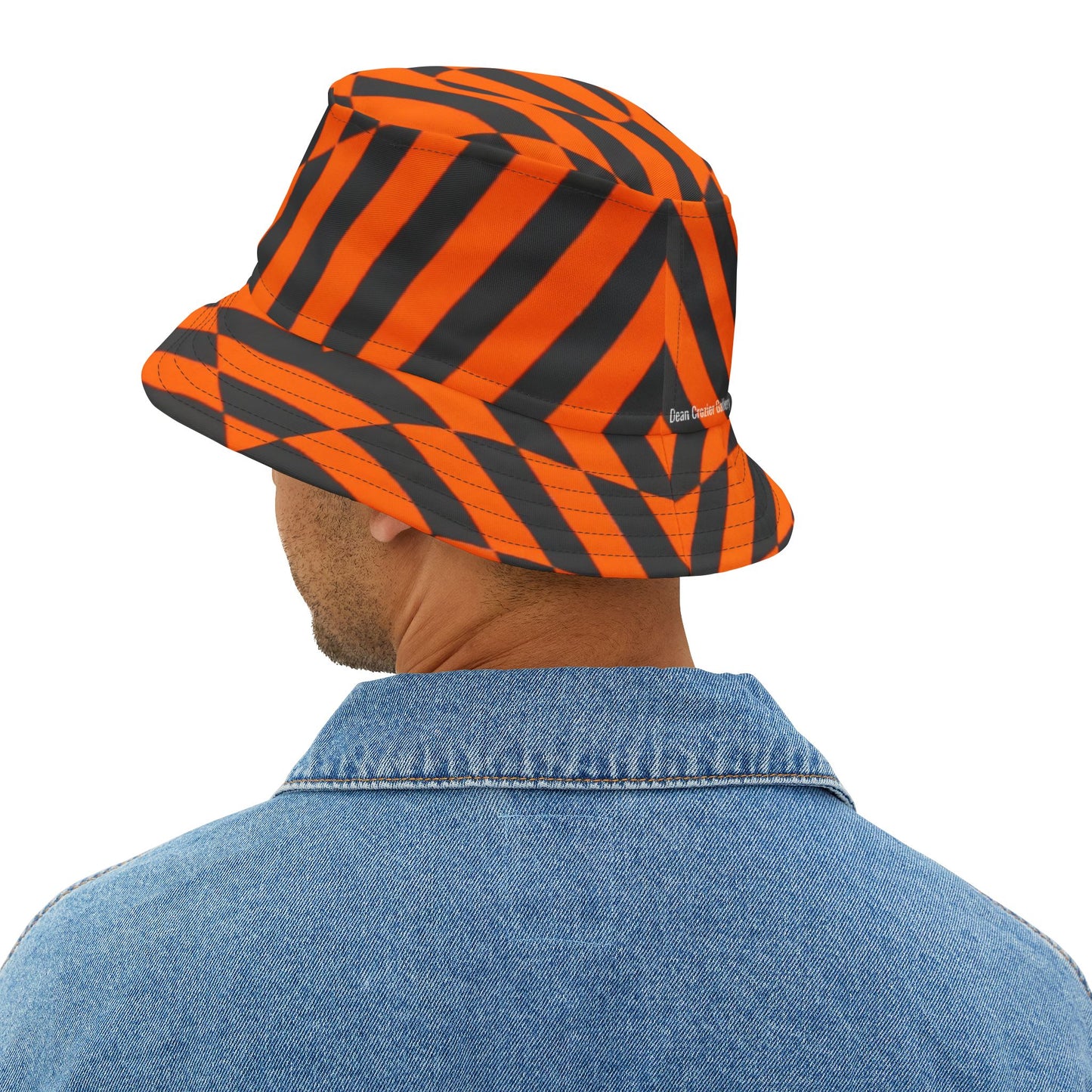OPTICS 1 Bucket Hat — a bold Geometric design of orange and blue stripes. Streetwear by artist Dean Crozier
