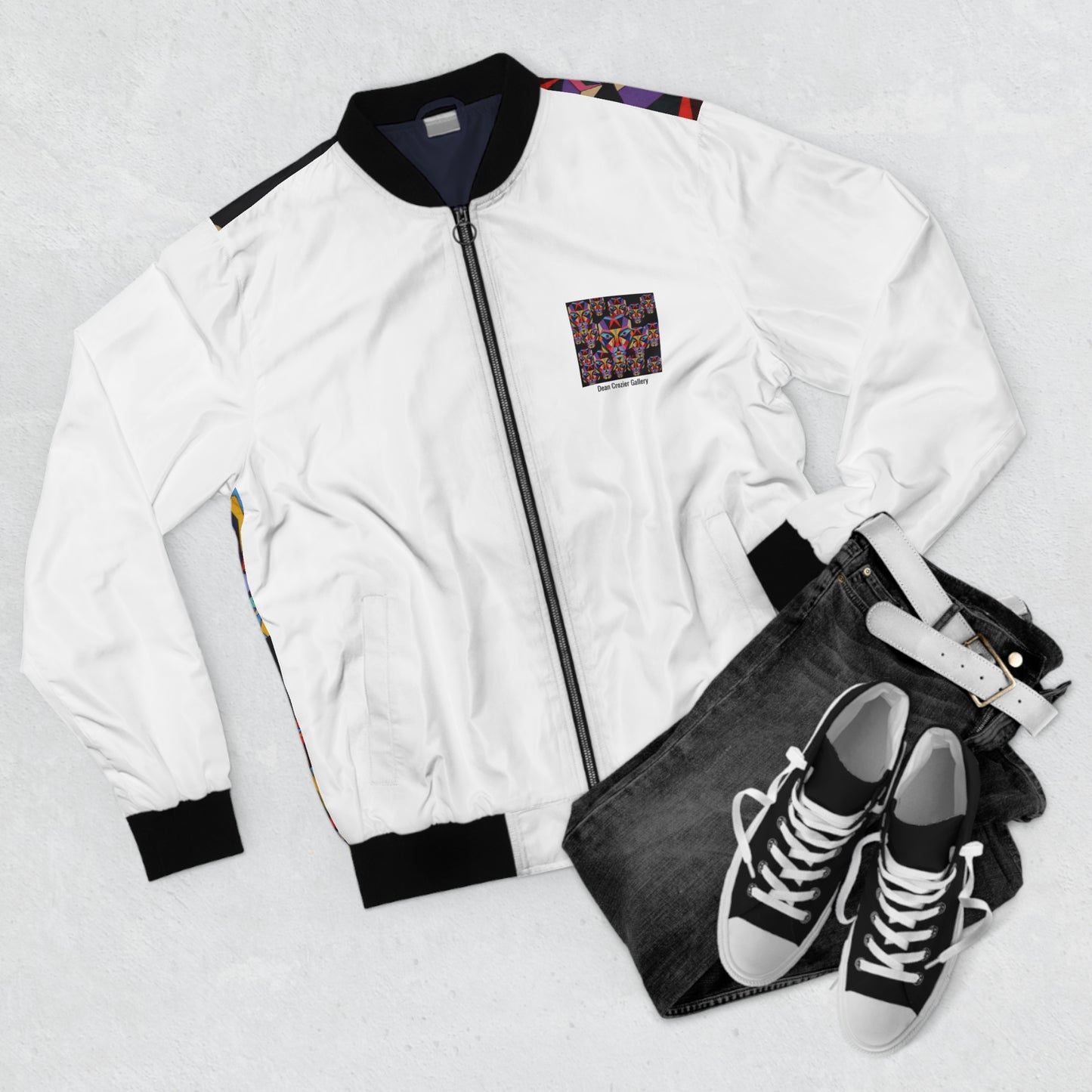 Bomber Jacket — '16' colourful geometric faces stare from this artistic stylish bomber jacket
