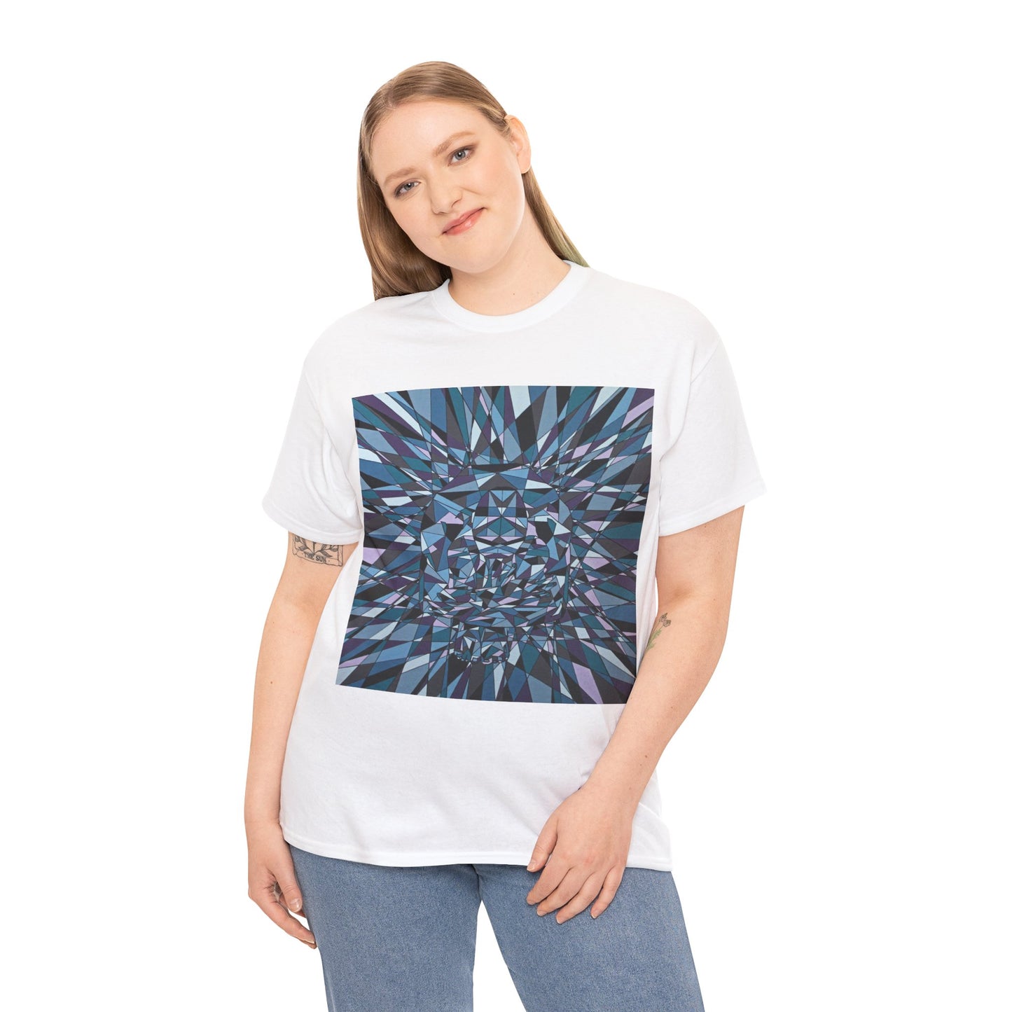 ISOLATION a bold sharp geometric image concealing a crouching figure in its heart making a bold image on this artful T-shirt.