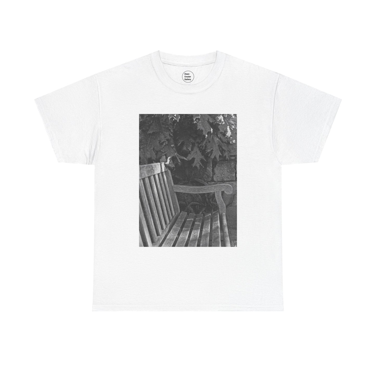 BENCH a photograph by Dean Crozier suggests a moment of calm and an invite to slow down with its image of a shady park bench on this great art T-shirt.