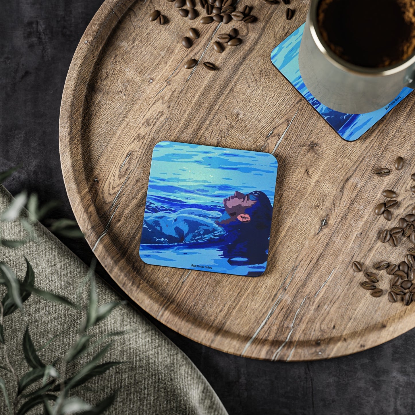 REPOSE WATER a serene blue pool floating coasters — a calm image for a relaxing drink.