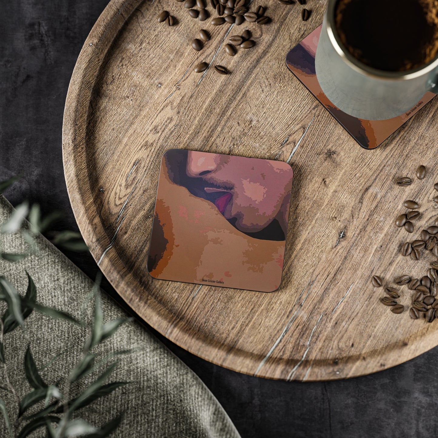REPOSE KISS an abstract intimate portrait by Dean Crozier on these unique coasters.