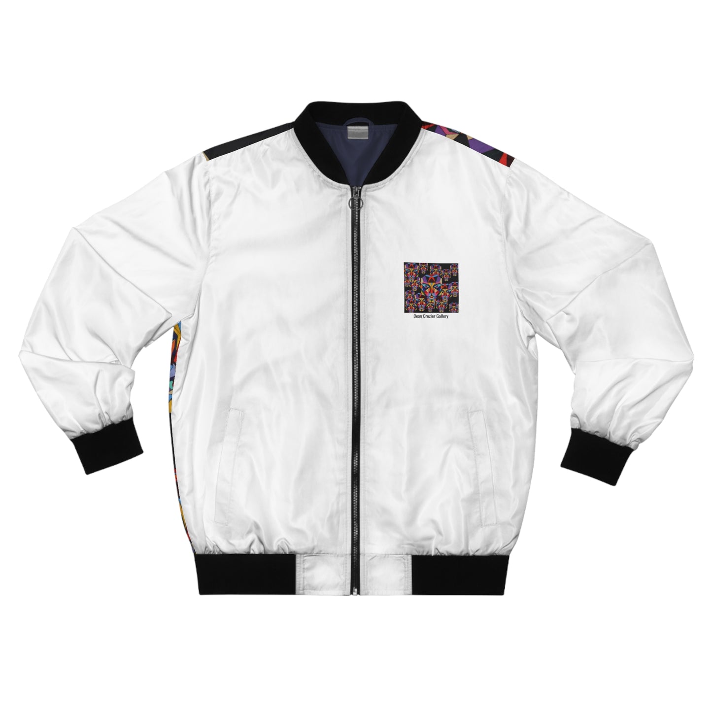Bomber Jacket — '16' colourful geometric faces stare from this artistic stylish bomber jacket