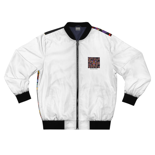 Bomber Jacket — '16' colourful geometric faces stare from this artistic stylish bomber jacket