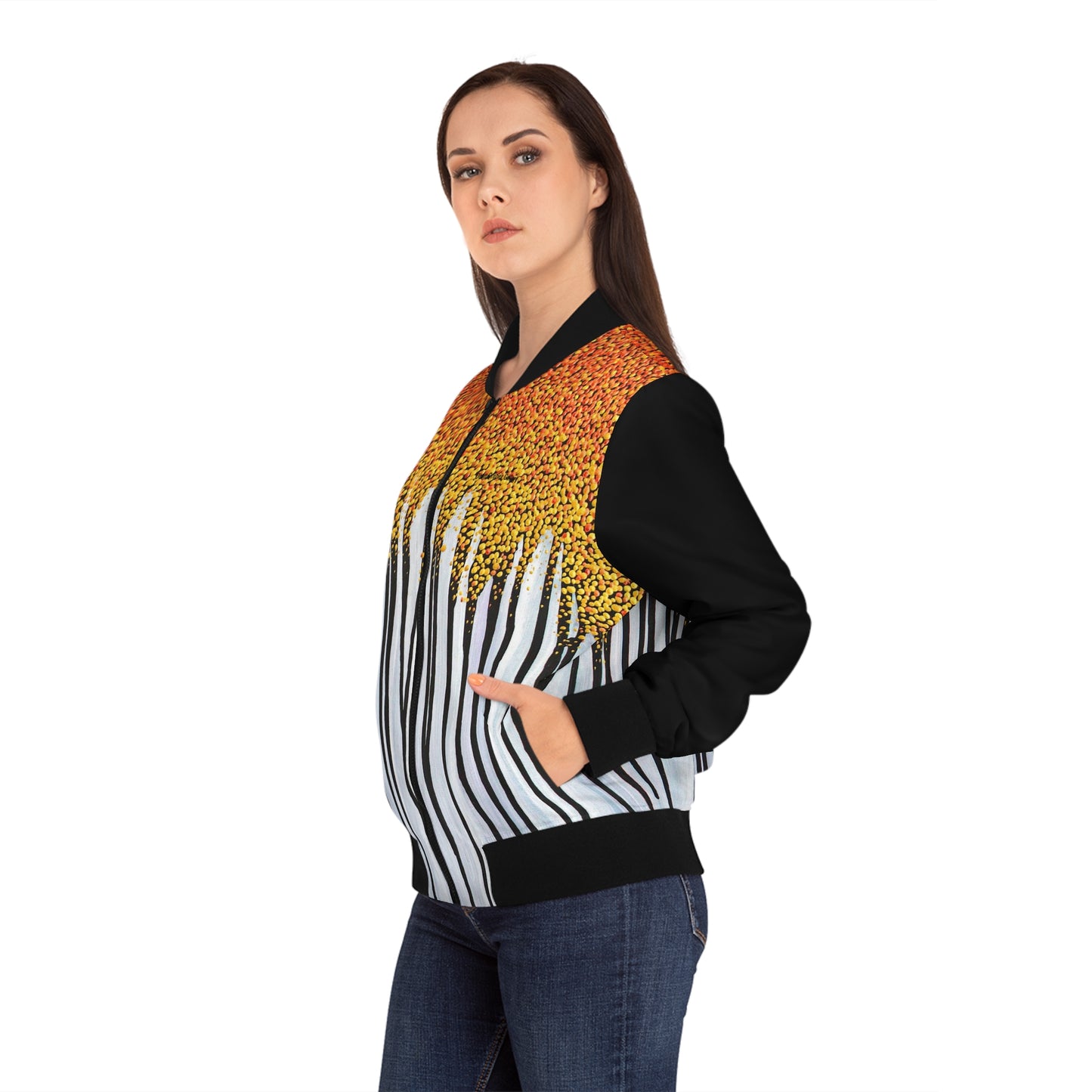 Golden Leaves Women's Bomber Jacket — Gold Copper leaves gently fall from the autumn tree in this abstract painting from Dean Crozier