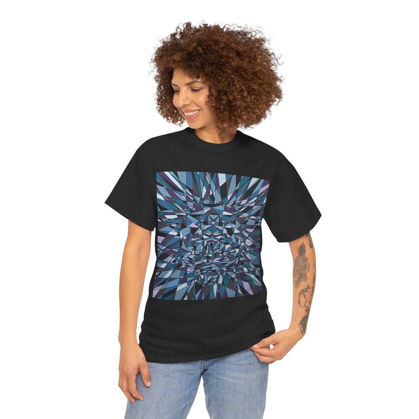 ISOLATION a bold sharp geometric image concealing a crouching figure in its heart making a bold image on this artful T-shirt.