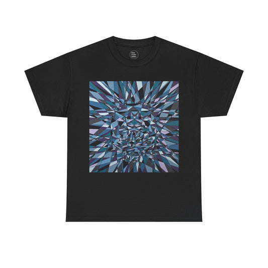 ISOLATION a bold sharp geometric image concealing a crouching figure in its heart making a bold image on this artful T-shirt.
