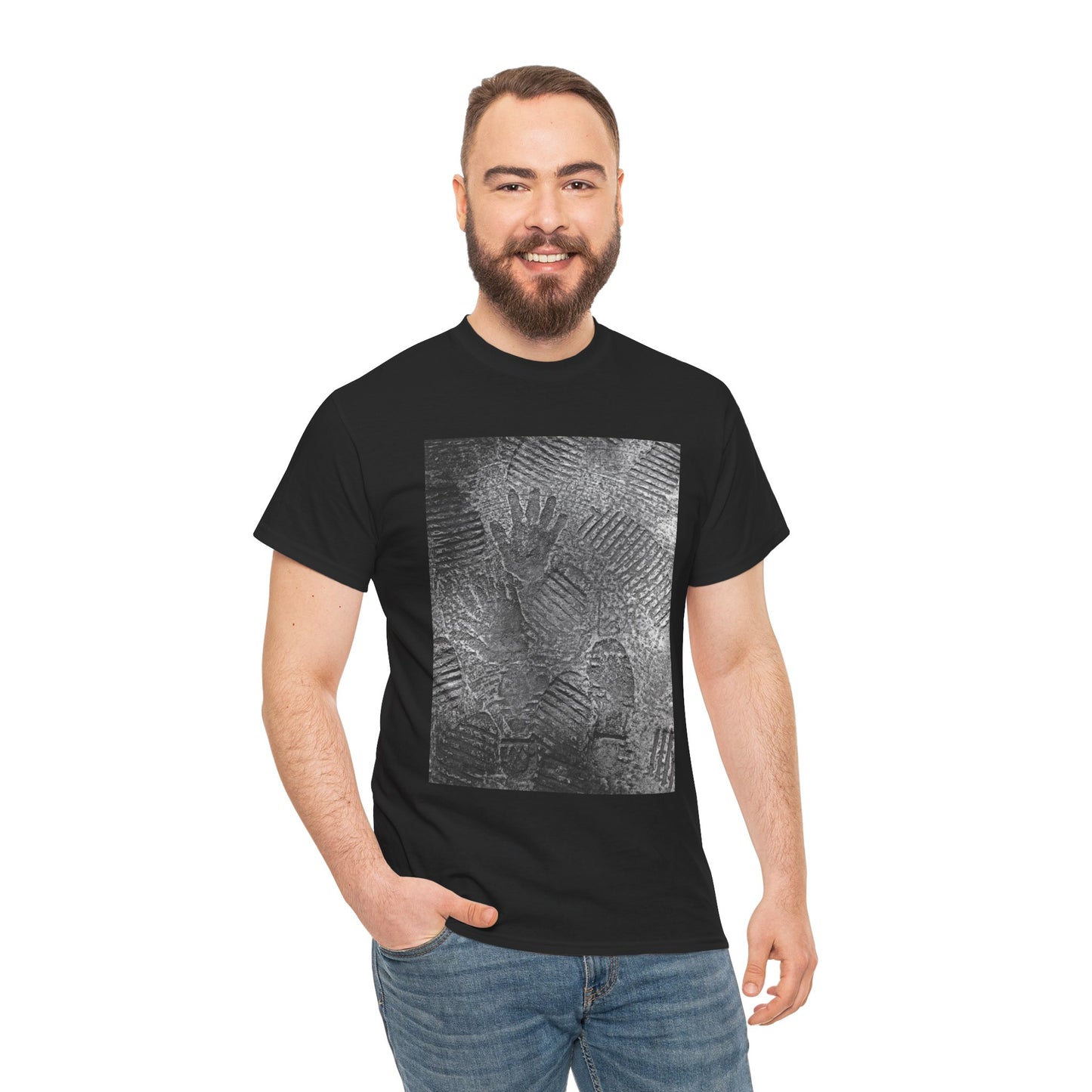 FOOTPATH is a photograph of footprints and hands placed into a wet cement footpath. creating a moment of modern life on this art T-shirt.