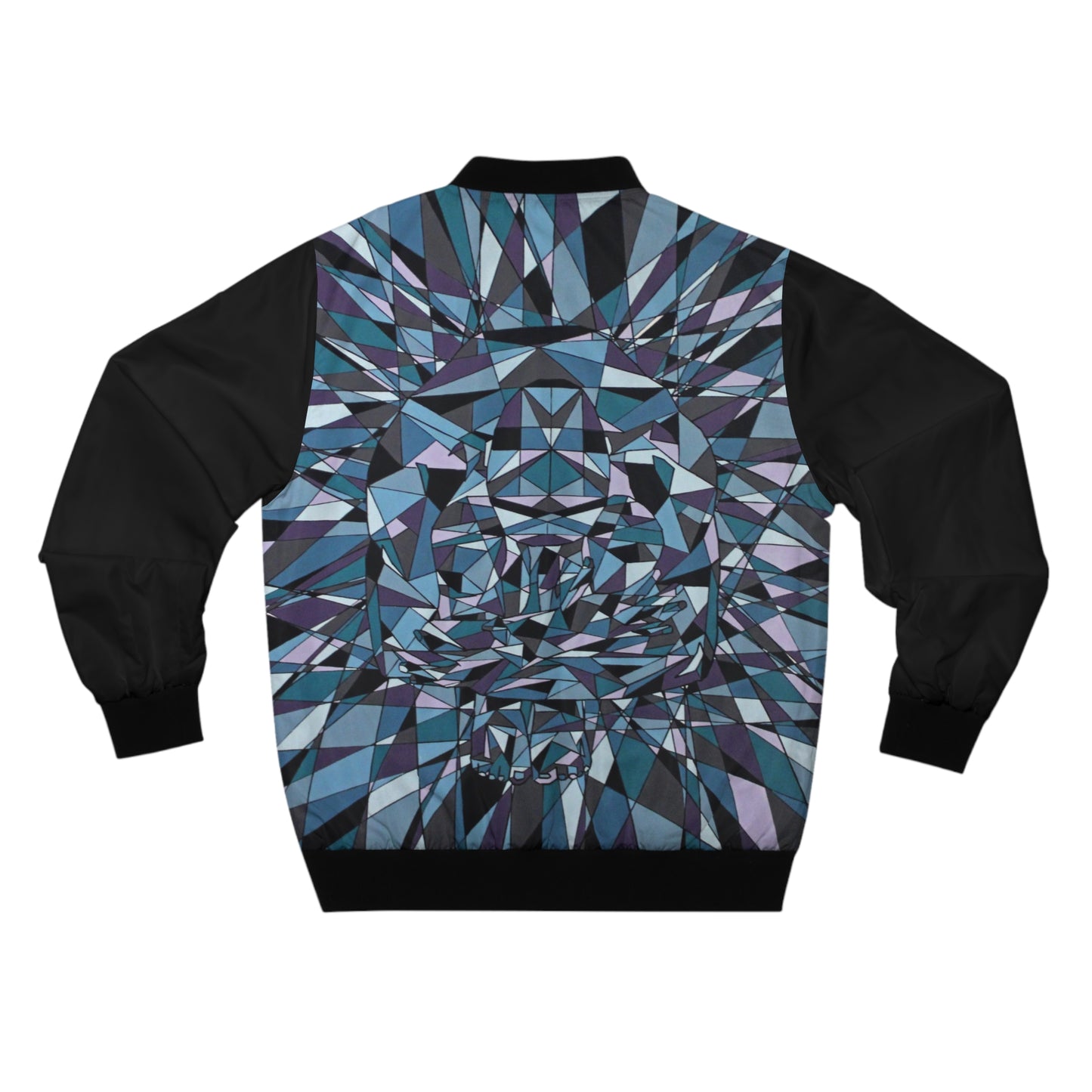 Black Bomber Jacket — a geometric artwork in blues and black emblaze the back of this classic bomber jacket