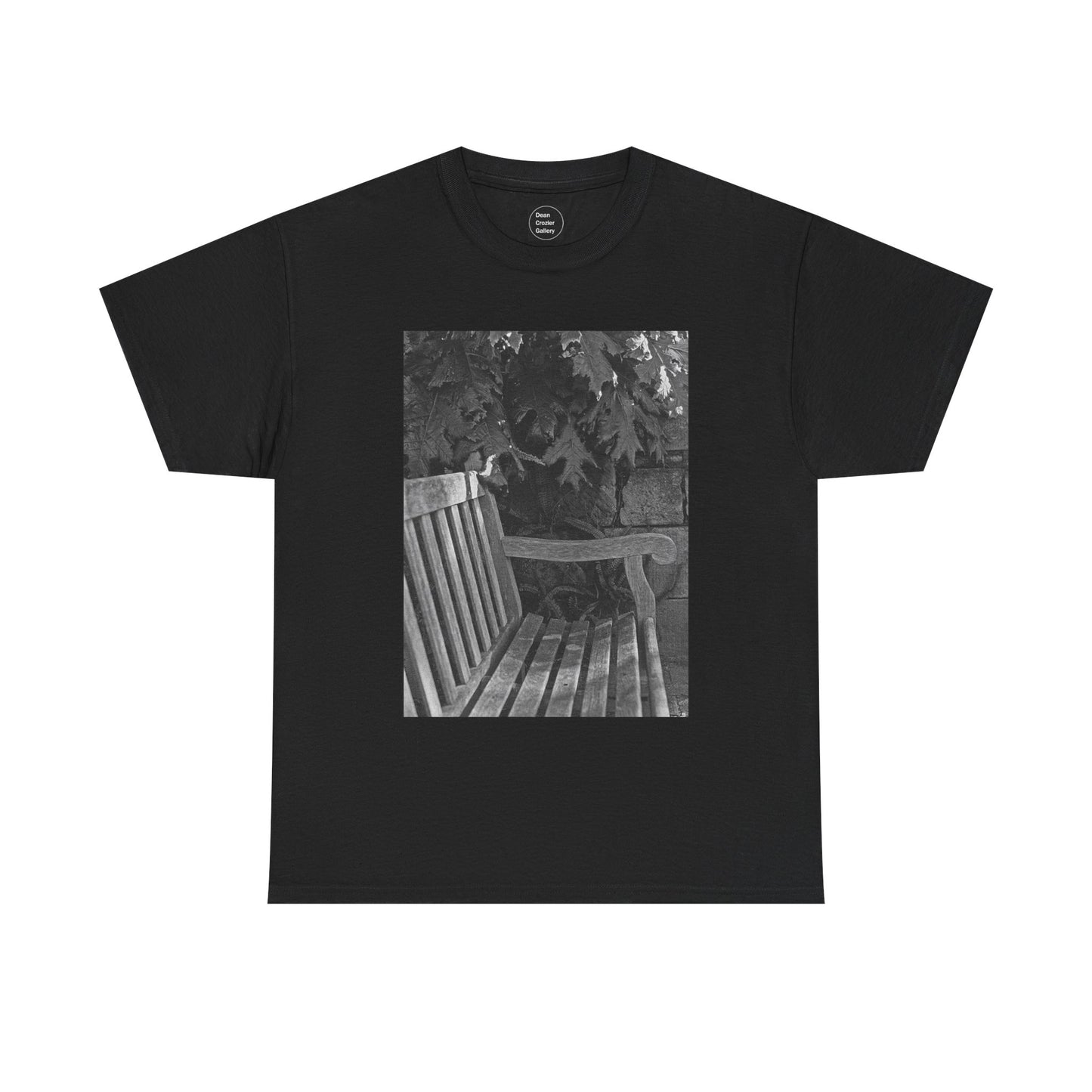 BENCH a photograph by Dean Crozier suggests a moment of calm and an invite to slow down with its image of a shady park bench on this great art T-shirt.