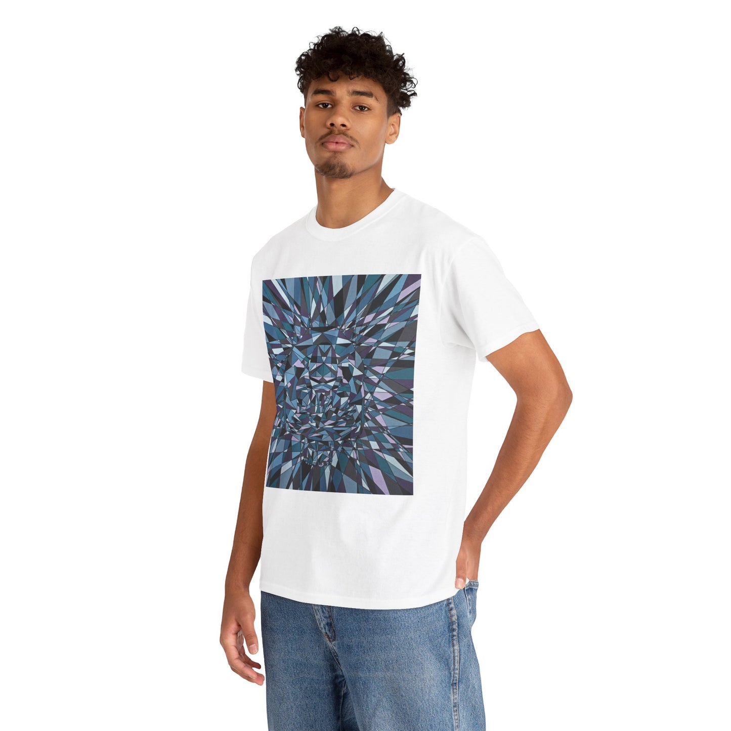 ISOLATION a bold sharp geometric image concealing a crouching figure in its heart making a bold image on this artful T-shirt.