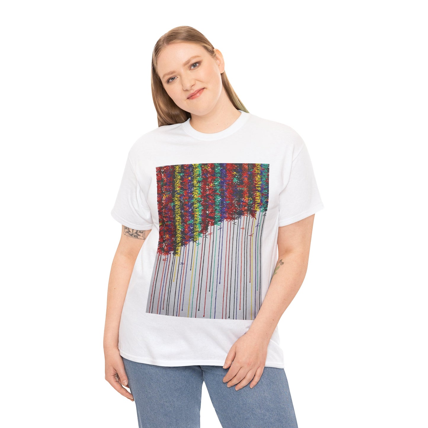 KNOT is an exploration of the bonds that tie a friendship together over time. Painted in bold strong colours that drip down the canvas on this joyful art T-shirt.