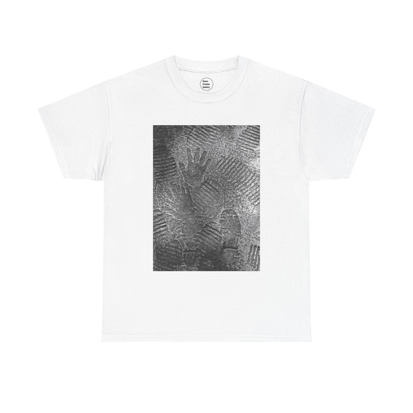 FOOTPATH is a photograph of footprints and hands placed into a wet cement footpath. creating a moment of modern life on this art T-shirt.