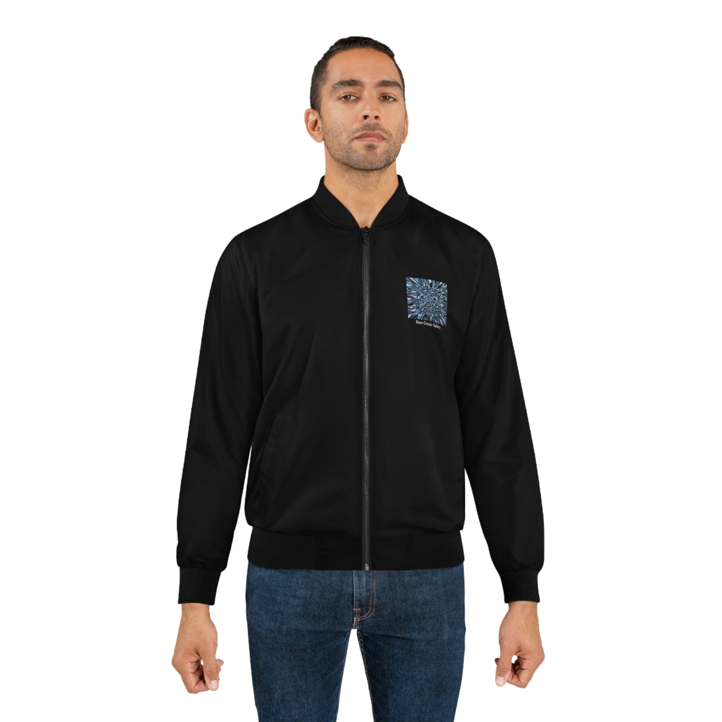 Black Bomber Jacket — a geometric artwork in blues and black emblaze the back of this classic bomber jacket