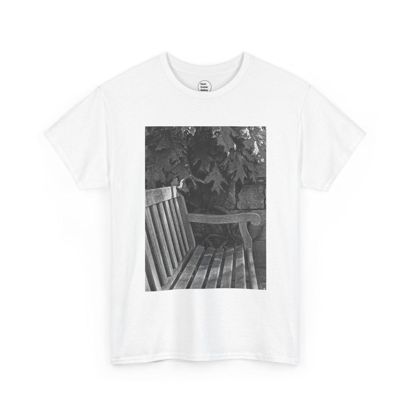 BENCH a photograph by Dean Crozier suggests a moment of calm and an invite to slow down with its image of a shady park bench on this great art T-shirt.