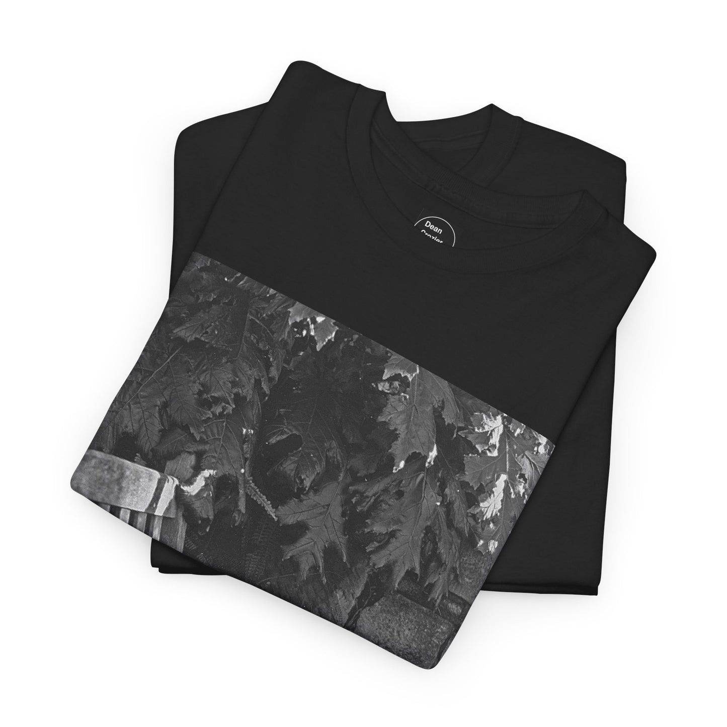 BENCH a photograph by Dean Crozier suggests a moment of calm and an invite to slow down with its image of a shady park bench on this great art T-shirt.