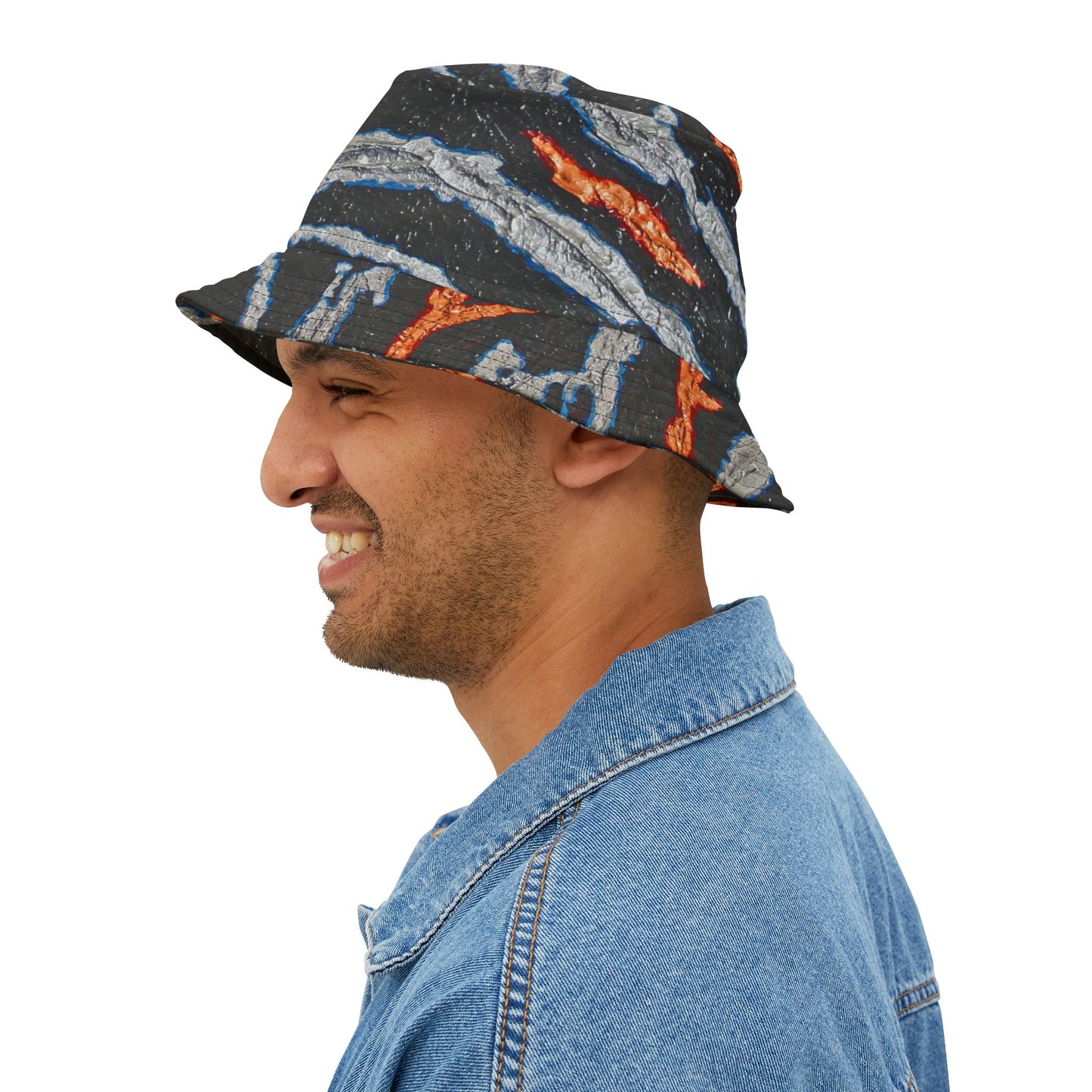 Bucket Hat metallic slashes — a bold design with slashes of gold and silver on a bed of black. Strong streetwear for a bold outfit