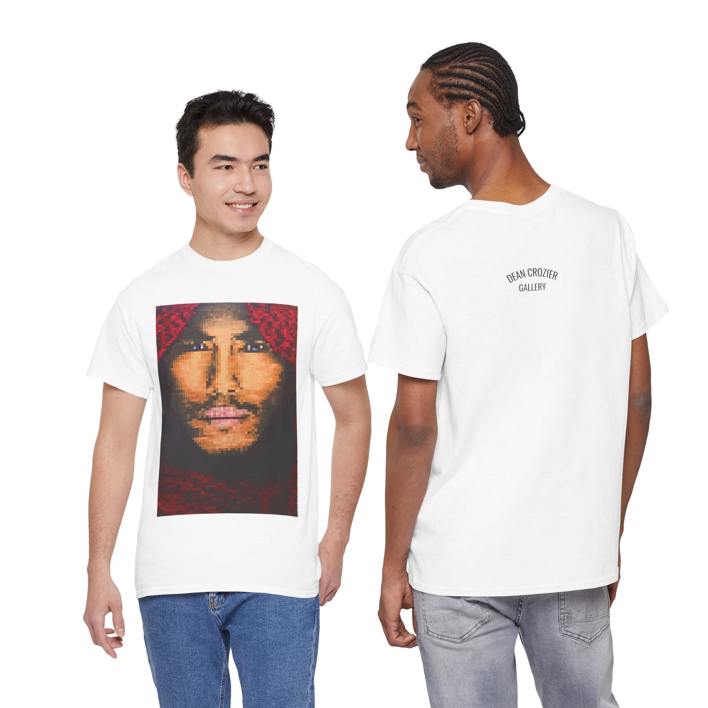 BOY IN A RED SCARF is a beautiful image created by individually coloured squares revealing a hauntingly beautiful face on this rt T-shirt.