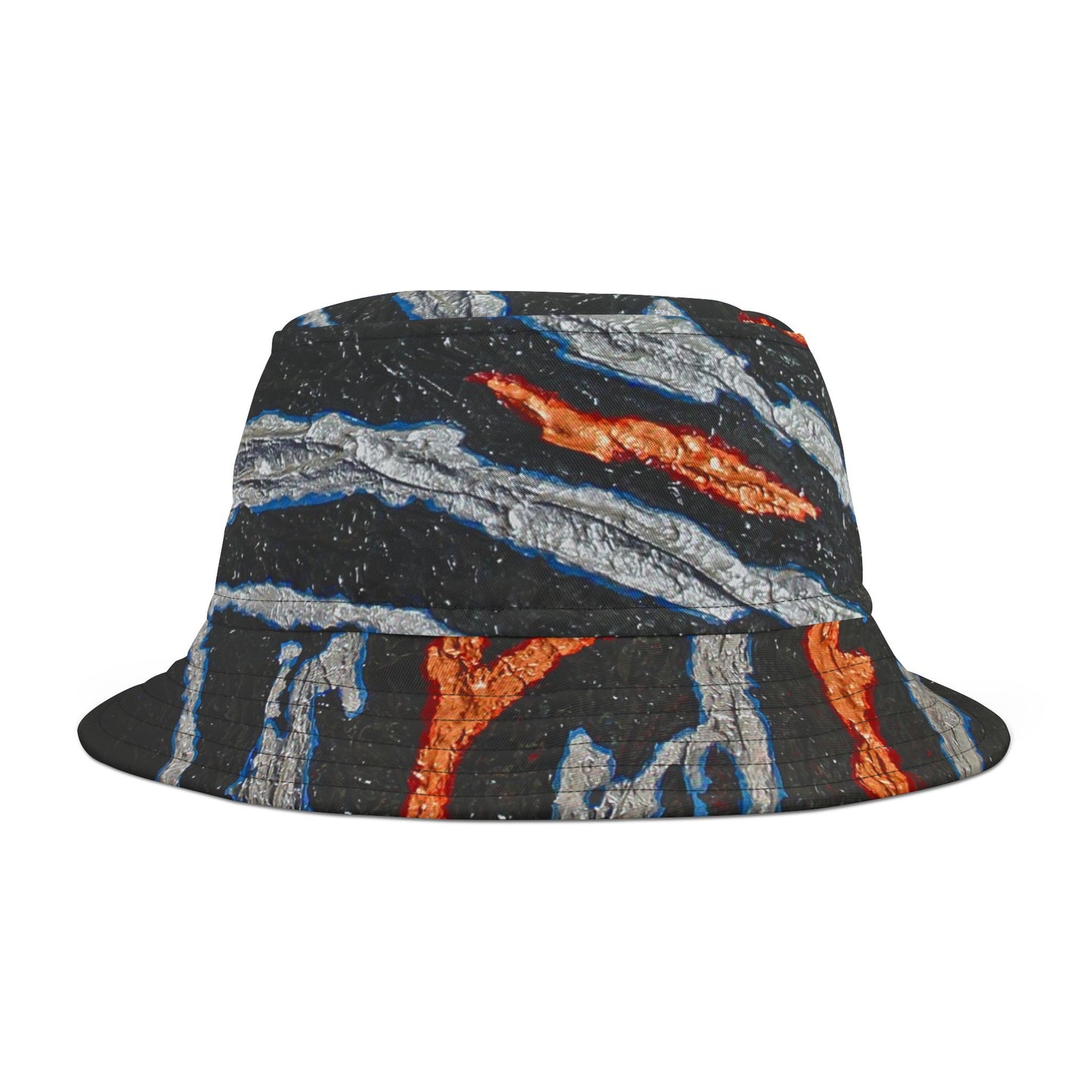 Bucket Hat metallic slashes — a bold design with slashes of gold and silver on a bed of black. Strong streetwear for a bold outfit