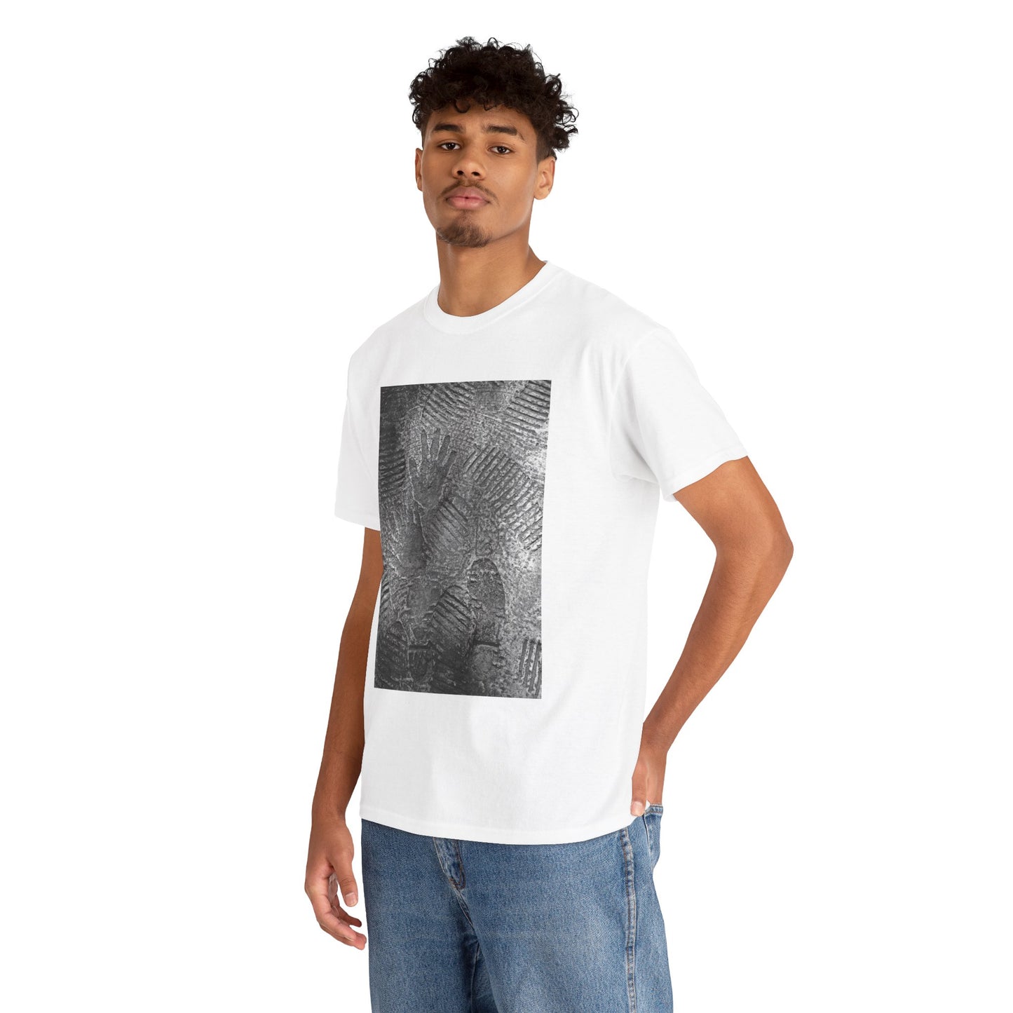 FOOTPATH is a photograph of footprints and hands placed into a wet cement footpath. creating a moment of modern life on this art T-shirt.