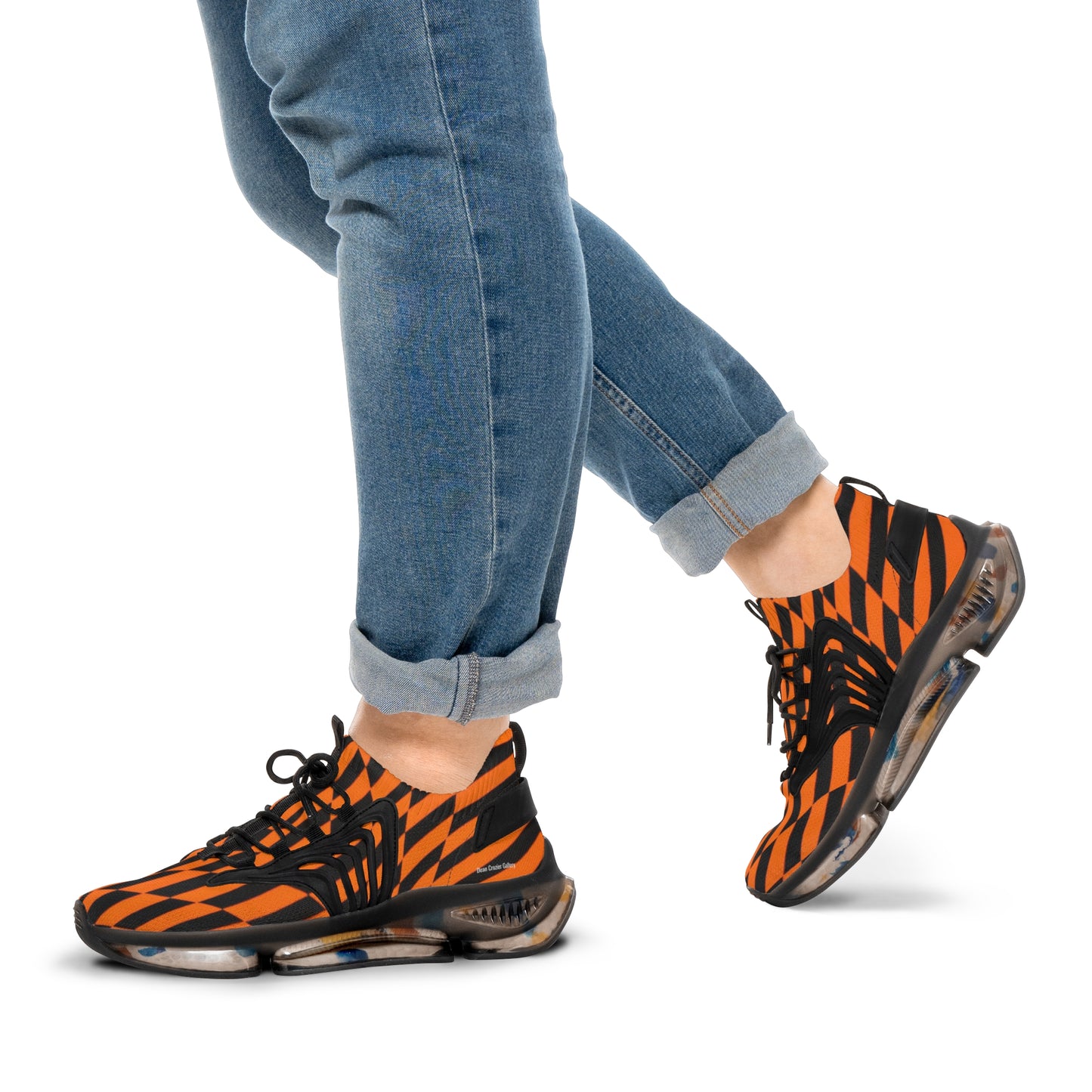 OPTICS 1 these bold blue & orange striped men's mesh sneakers featuring the artwork of Dean Crozier creates a vibrant athletic shoes