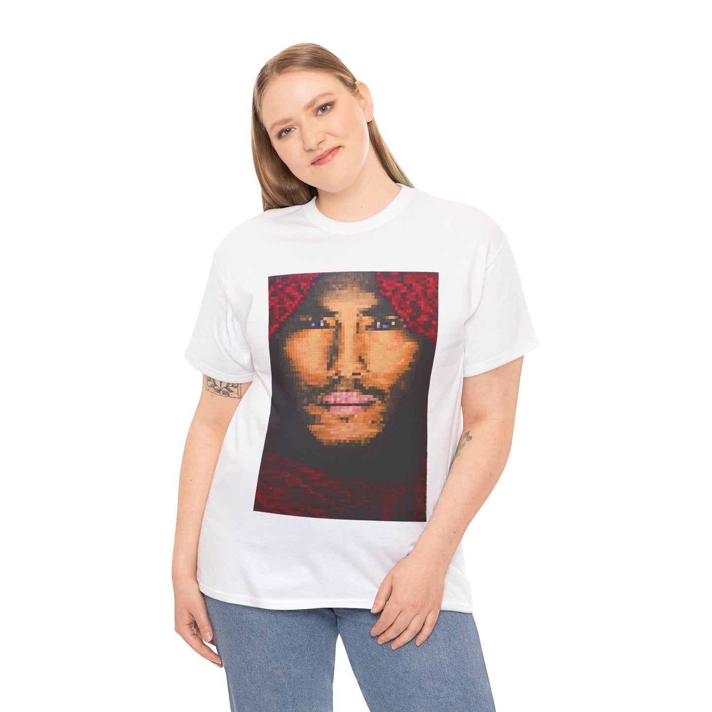 BOY IN A RED SCARF is a beautiful image created by individually coloured squares revealing a hauntingly beautiful face on this rt T-shirt.