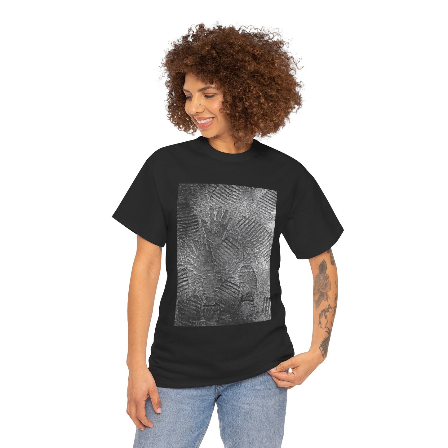 FOOTPATH is a photograph of footprints and hands placed into a wet cement footpath. creating a moment of modern life on this art T-shirt.