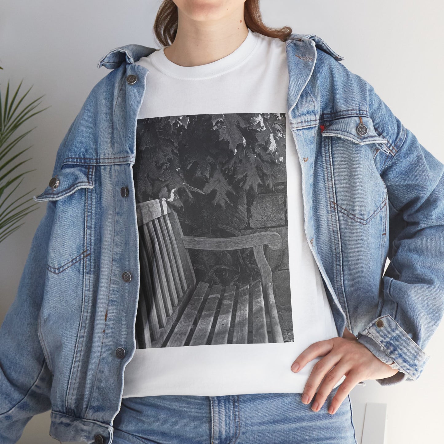 BENCH a photograph by Dean Crozier suggests a moment of calm and an invite to slow down with its image of a shady park bench on this great art T-shirt.