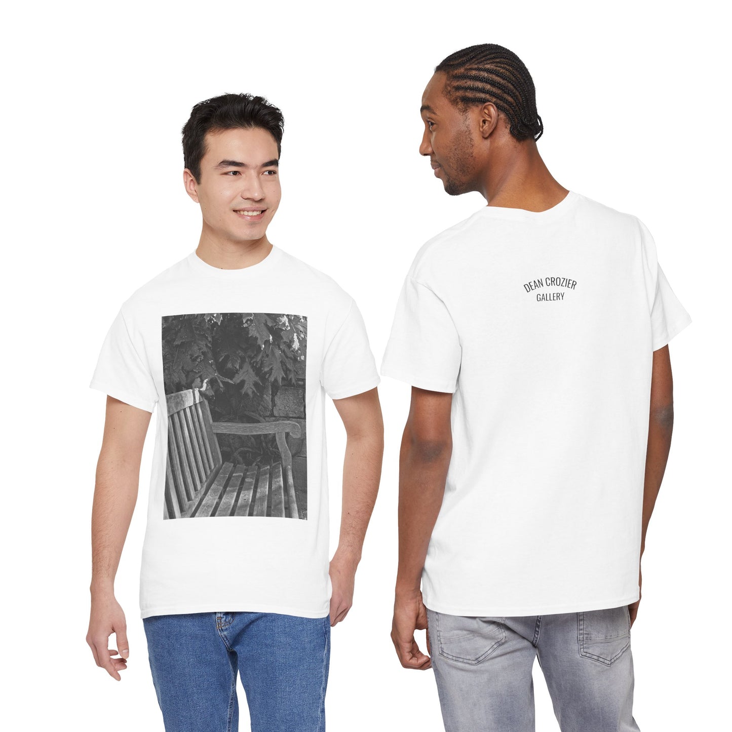 BENCH a photograph by Dean Crozier suggests a moment of calm and an invite to slow down with its image of a shady park bench on this great art T-shirt.