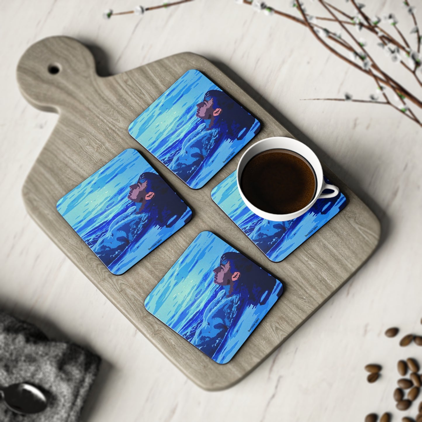 REPOSE WATER a serene blue pool floating coasters — a calm image for a relaxing drink.