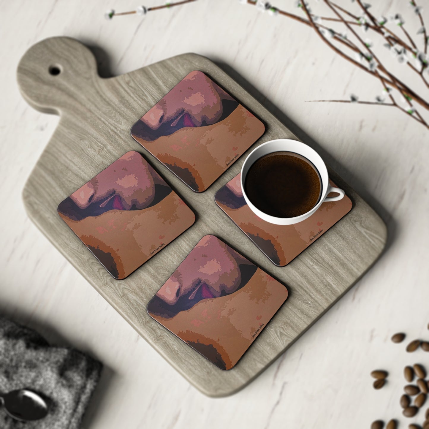 REPOSE KISS an abstract intimate portrait by Dean Crozier on these unique coasters.