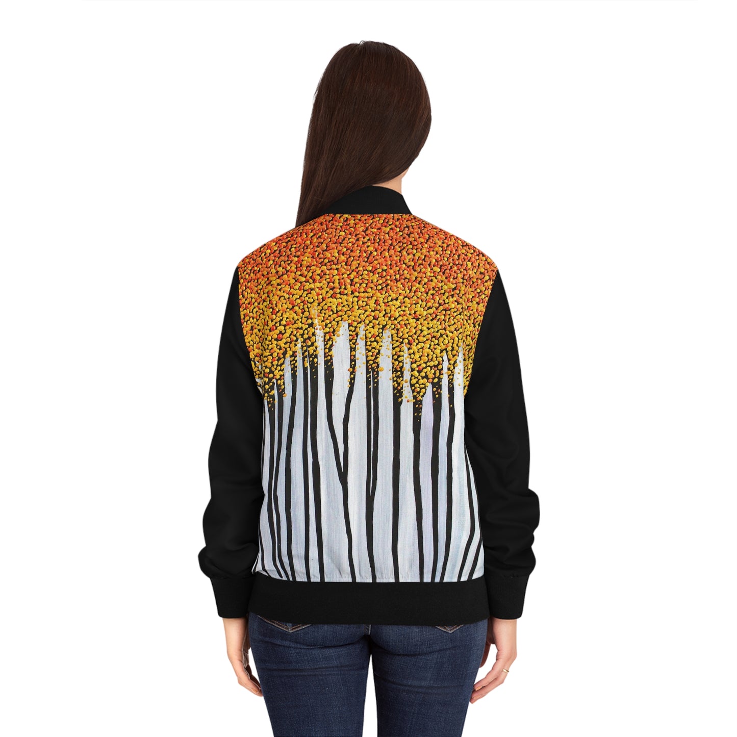 Golden Leaves Women's Bomber Jacket — Gold Copper leaves gently fall from the autumn tree in this abstract painting from Dean Crozier