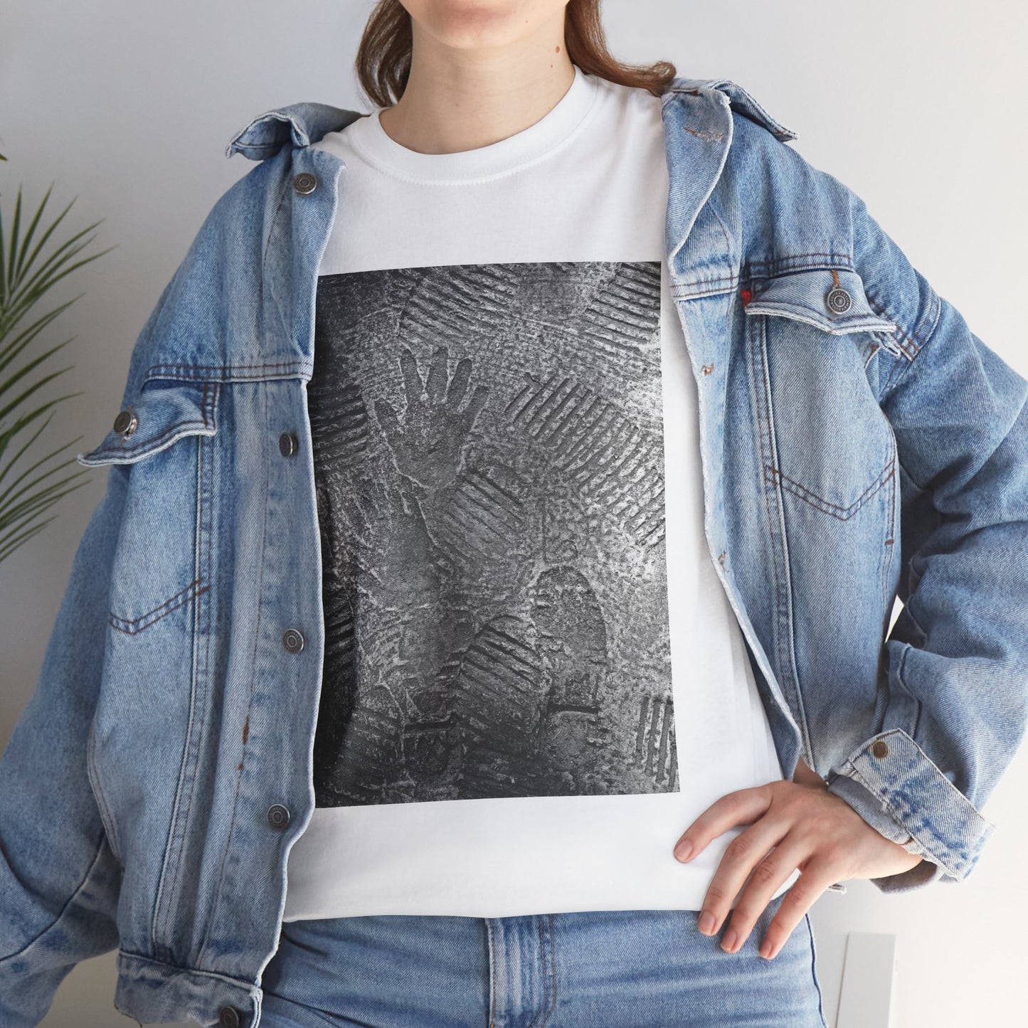 FOOTPATH is a photograph of footprints and hands placed into a wet cement footpath. creating a moment of modern life on this art T-shirt.