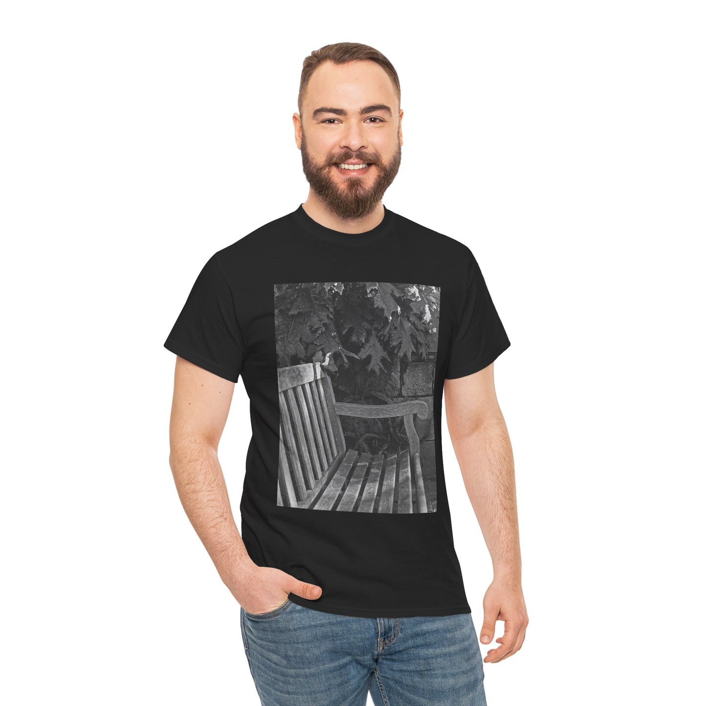 BENCH a photograph by Dean Crozier suggests a moment of calm and an invite to slow down with its image of a shady park bench on this great art T-shirt.