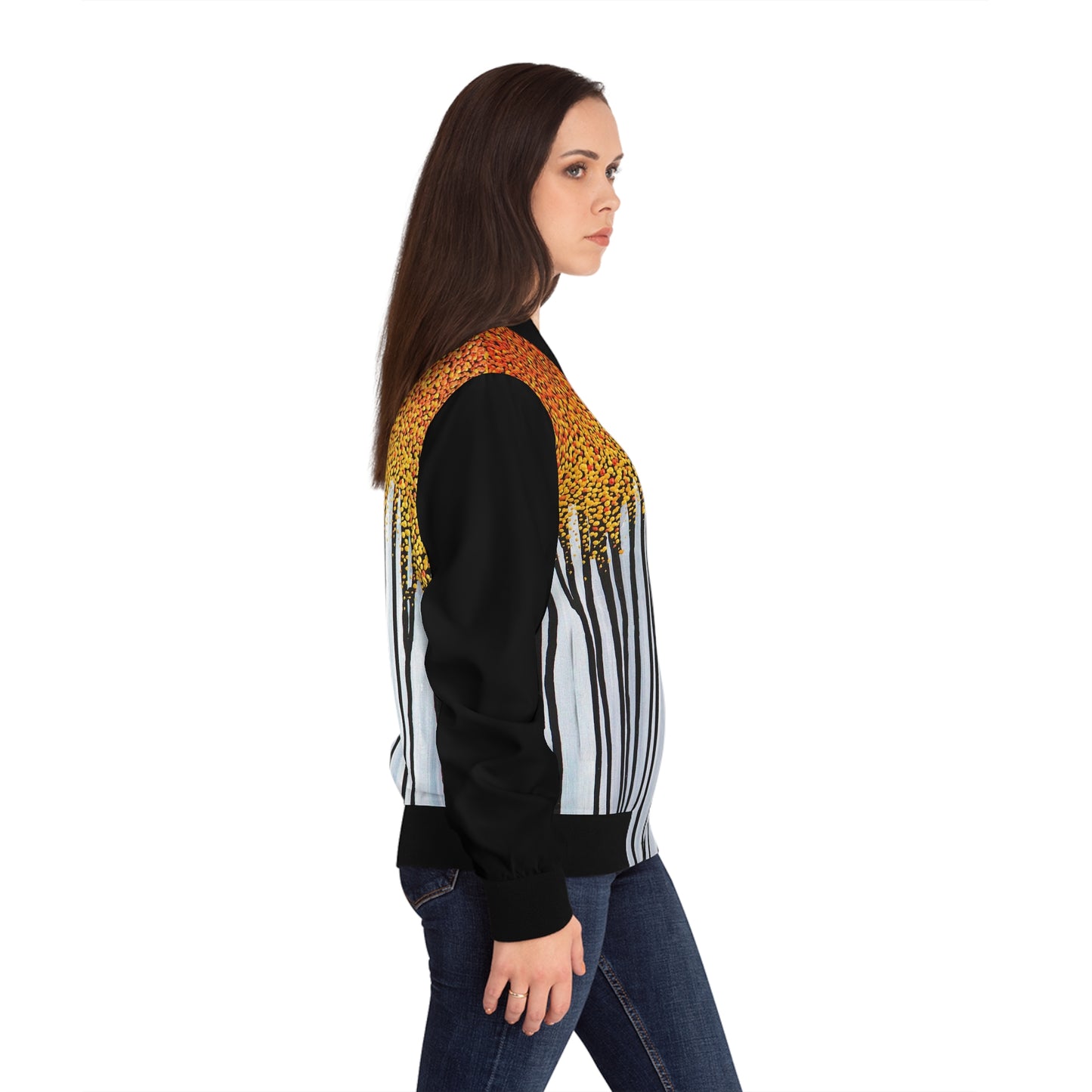 Golden Leaves Women's Bomber Jacket — Gold Copper leaves gently fall from the autumn tree in this abstract painting from Dean Crozier