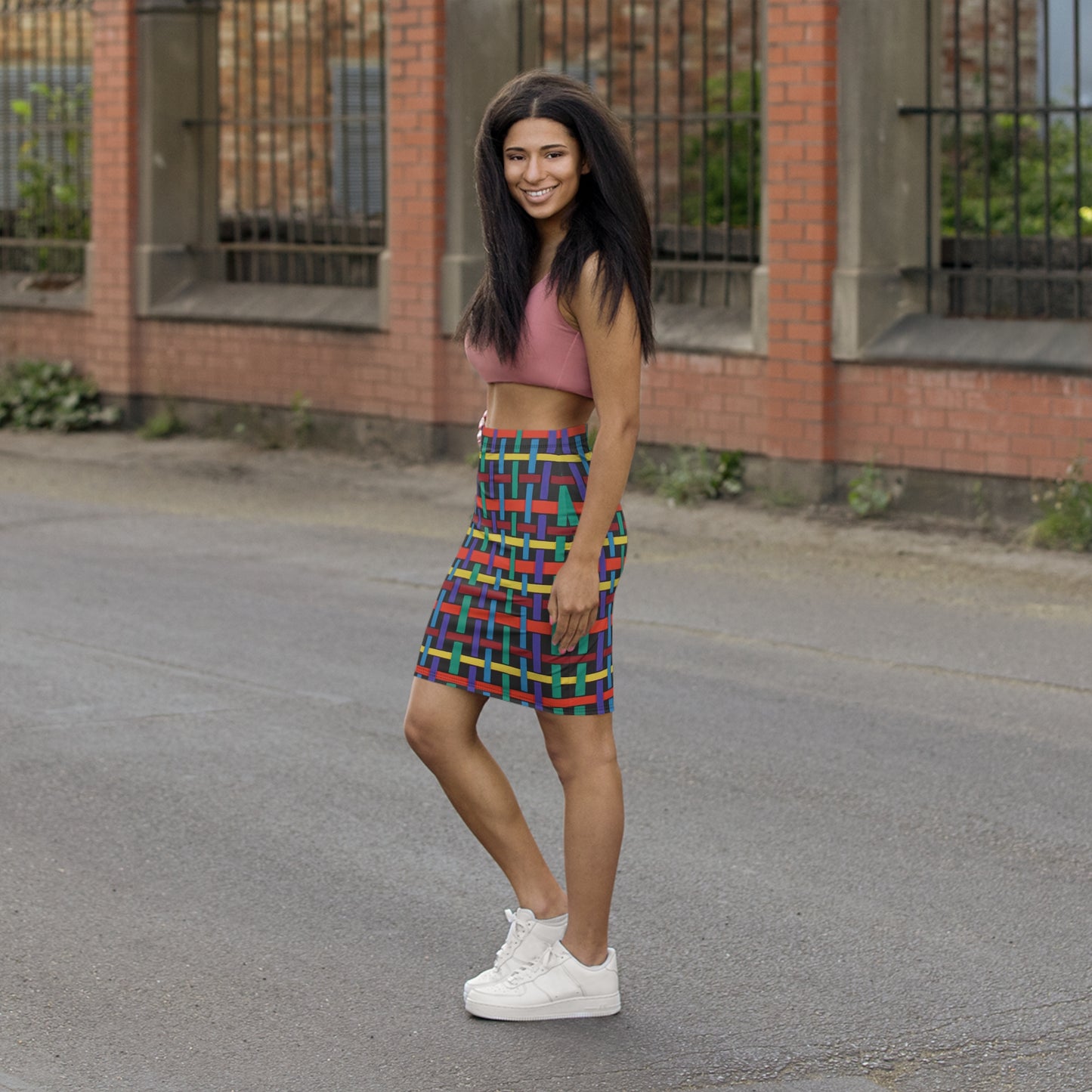 Bright ribbon weave across this Women's Mid-Waist Pencil Skirt — strong bright colours for any occasson