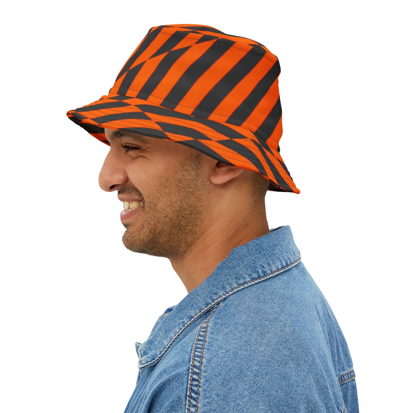 OPTICS 1 Bucket Hat — a bold Geometric design of orange and blue stripes. Streetwear by artist Dean Crozier