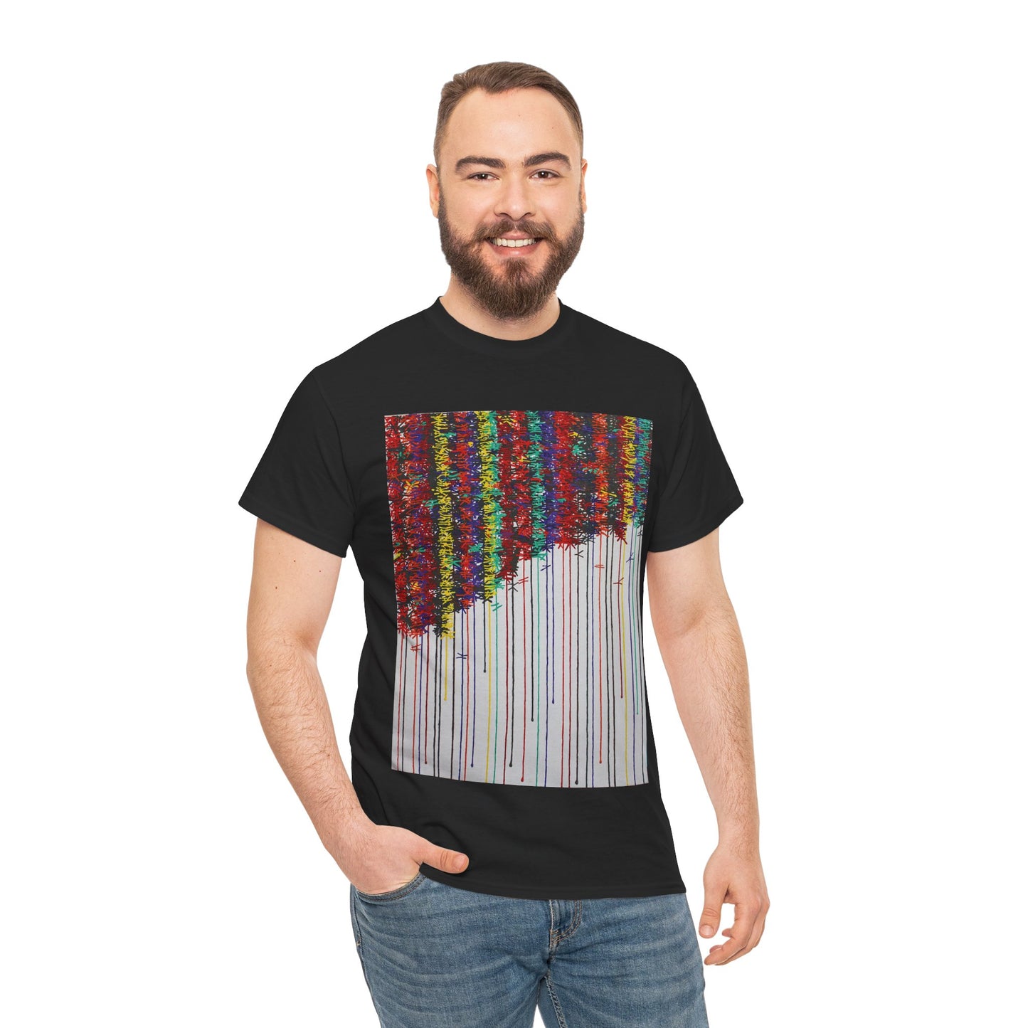 KNOT is an exploration of the bonds that tie a friendship together over time. Painted in bold strong colours that drip down the canvas on this joyful art T-shirt.