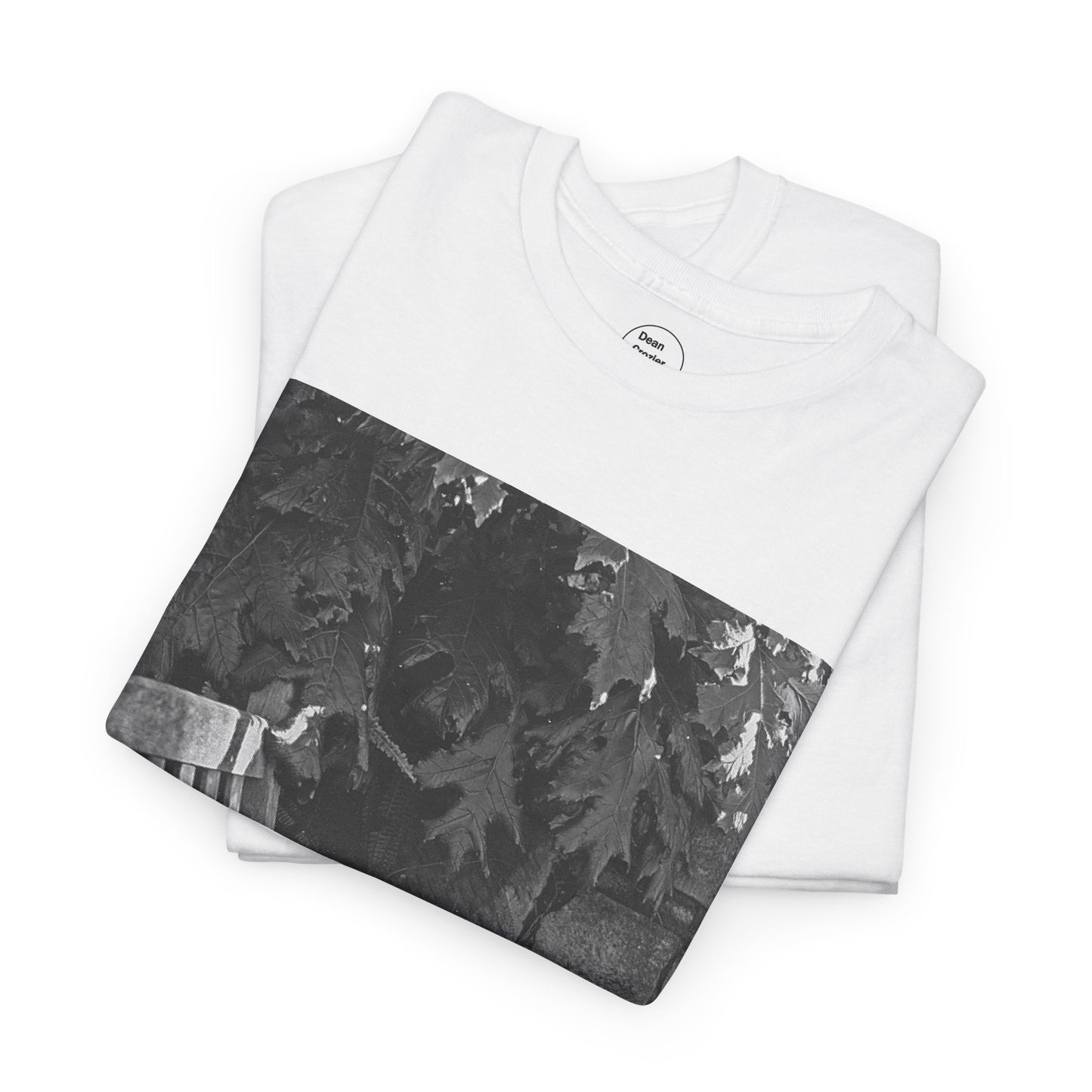 BENCH a photograph by Dean Crozier suggests a moment of calm and an invite to slow down with its image of a shady park bench on this great art T-shirt.