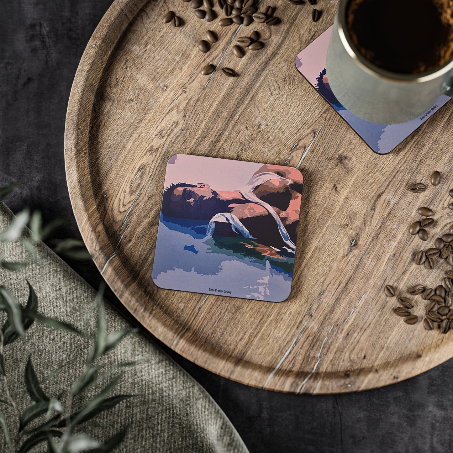 REPOSE SWEAT artistic portrait coasters — An exhausted young man in torn T‑shirt  on these perfect coasters for a relaxed gathering.
