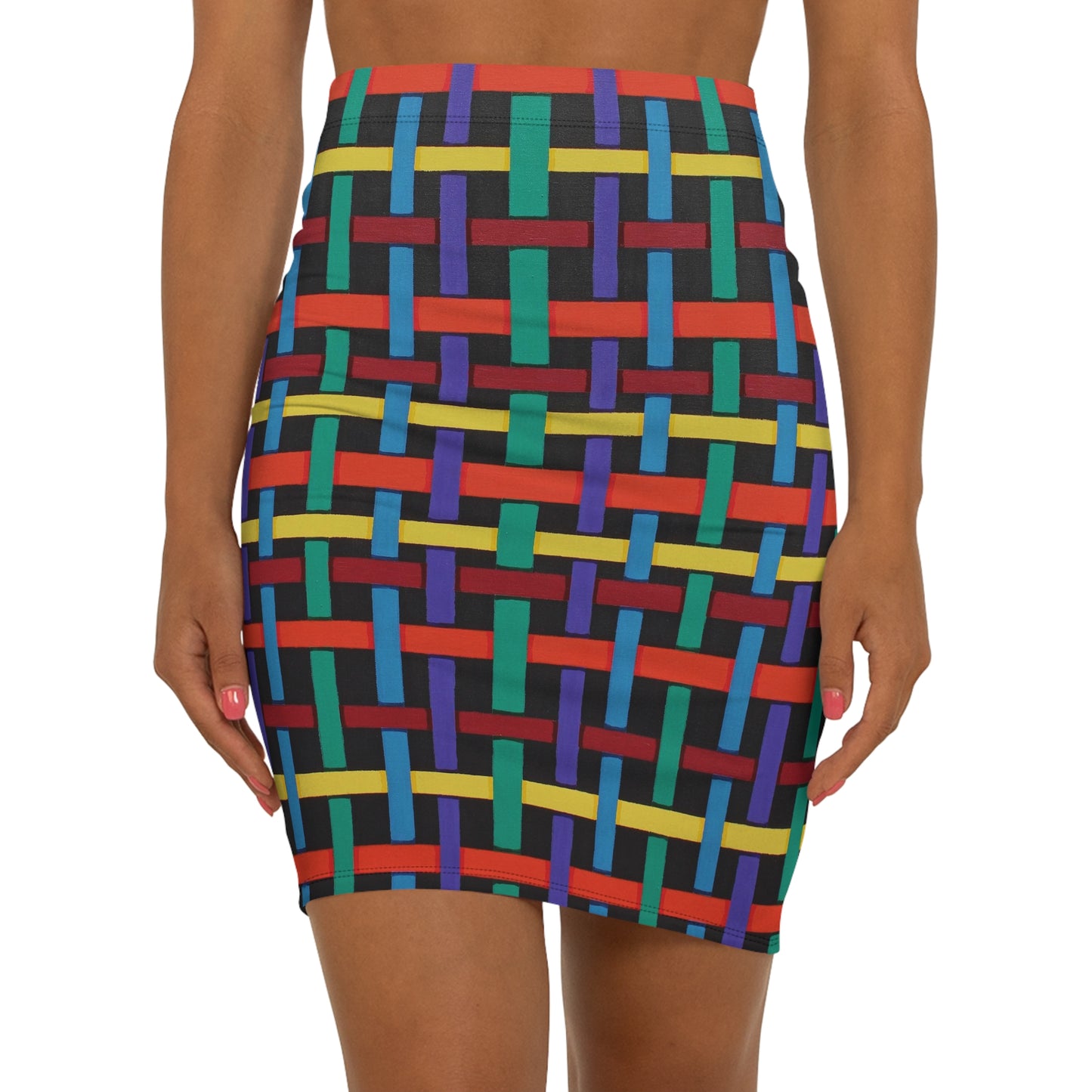 Bright ribbon weave across this Women's Mid-Waist Pencil Skirt — strong bright colours for any occasson